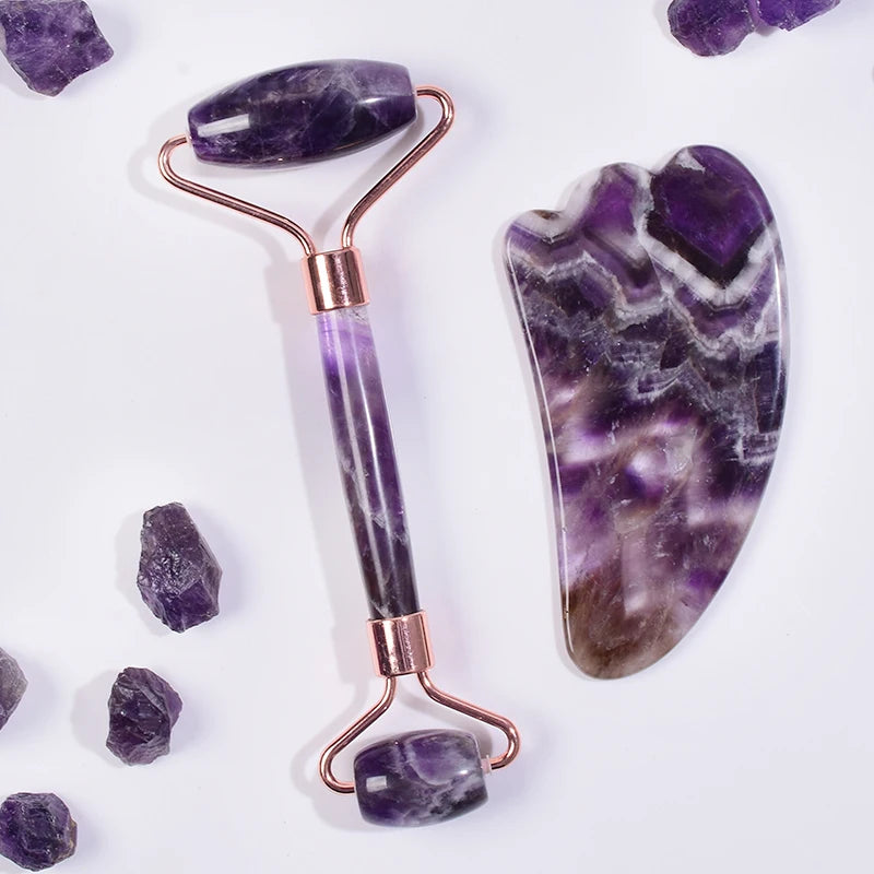 Amethyst Roller & Gua Sha Set — Facial Wellness Ritual, top view