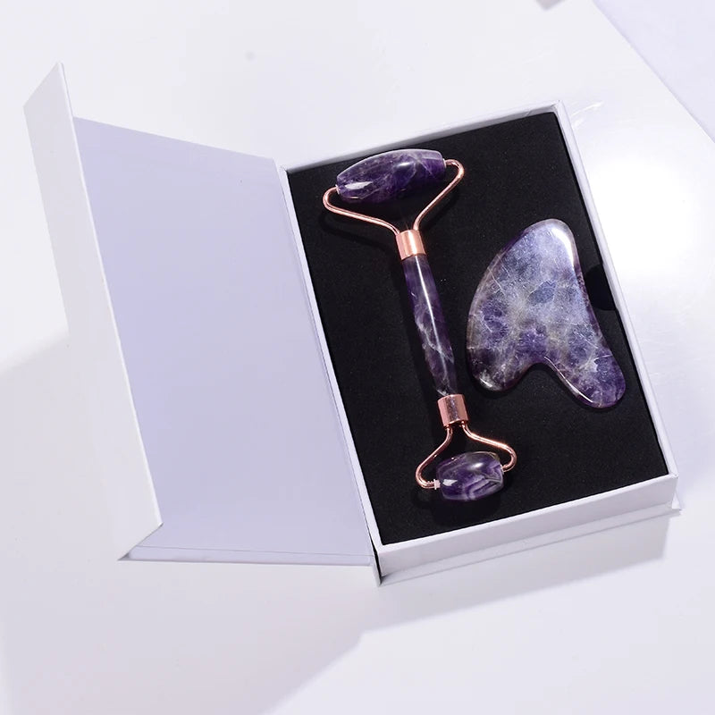 Amethyst Roller & Gua Sha Set — Facial Wellness Ritual, soft texture detail