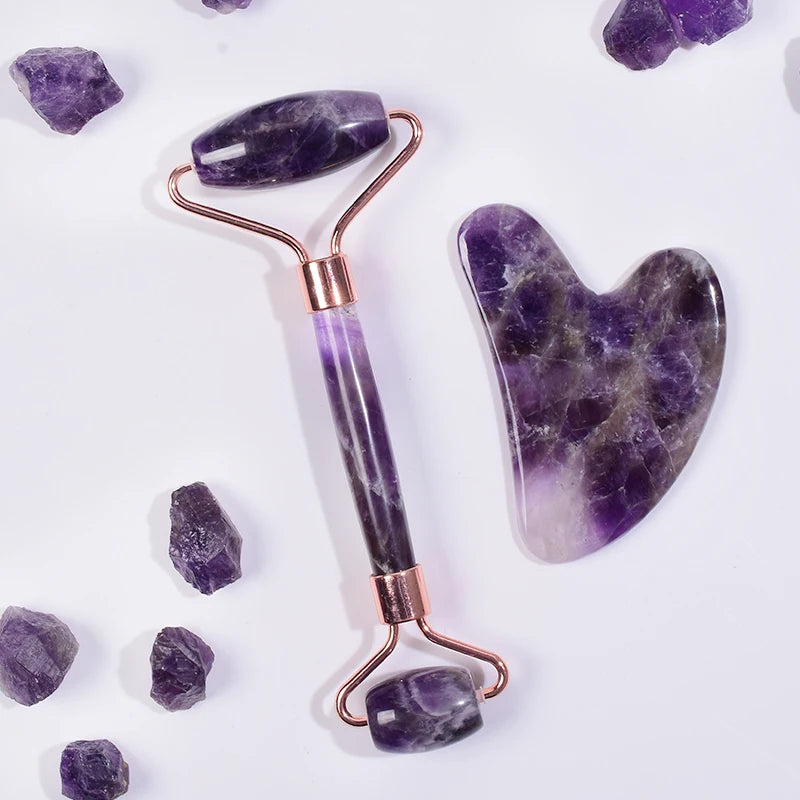 Amethyst Roller & Gua Sha Set — Facial Wellness Ritual, side view