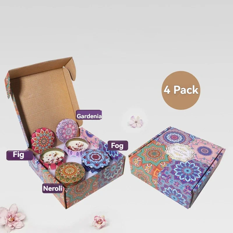 4-Piece Scented Candle Set — Bohemian Patterns for Relaxation, gift-ready presentation