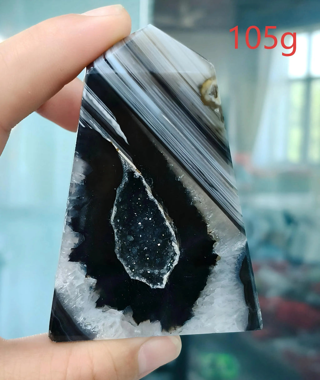 Black Agate Geode Point 102g — Elegant Home Decor, lifestyle setting