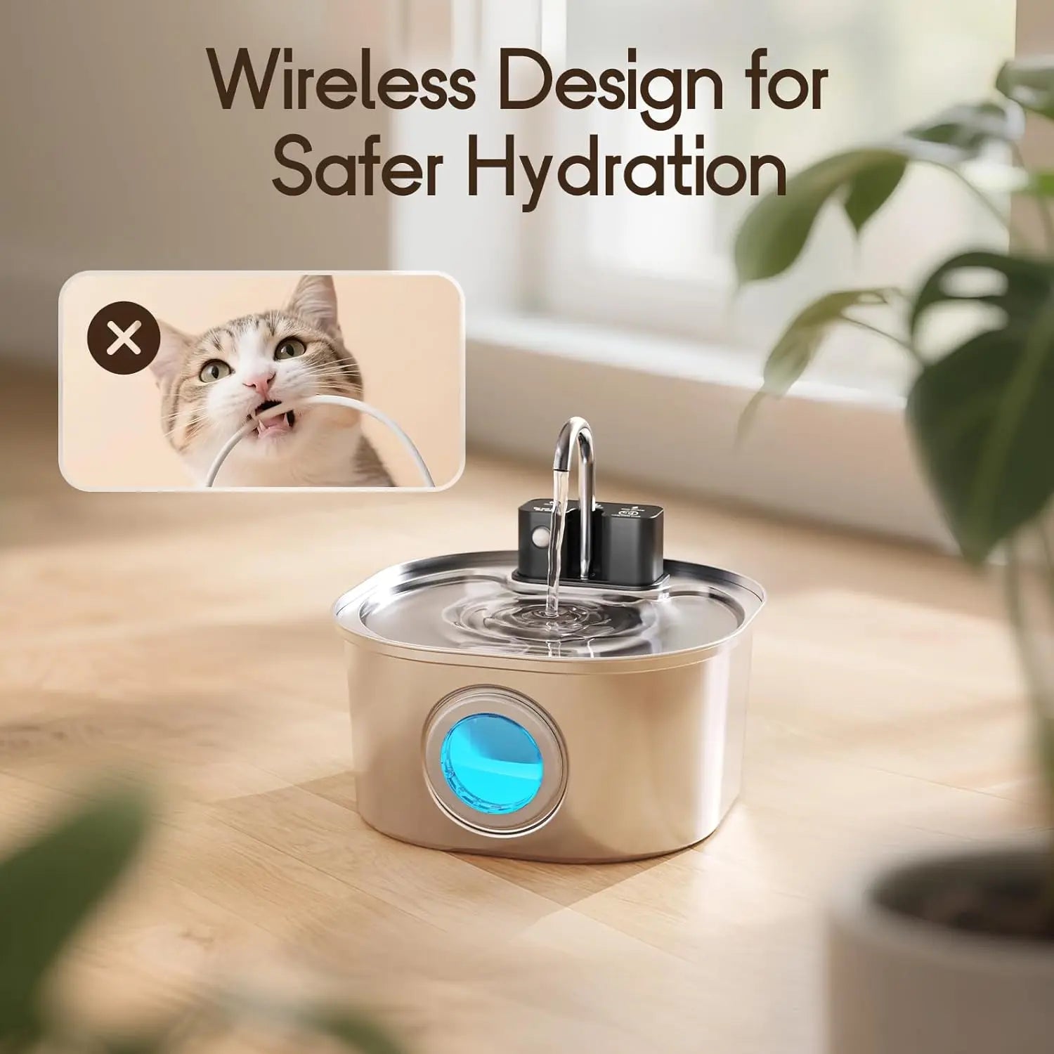 Pet Water Fountain — Wireless Sensor, Stainless Steel 3L, natural styling