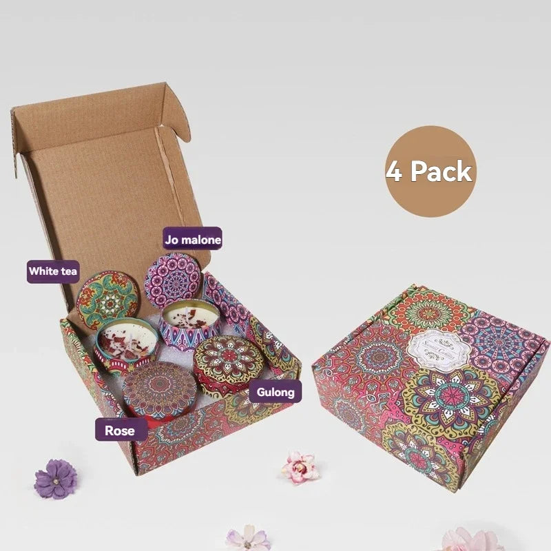 4-Piece Scented Candle Set — Bohemian Patterns for Relaxation, elegant display