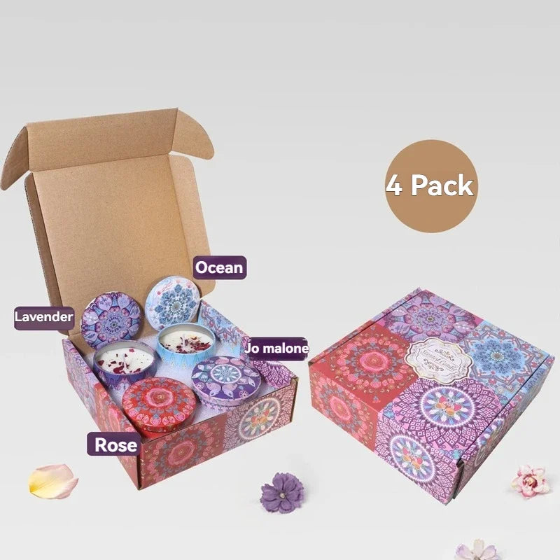 4-Piece Scented Candle Set — Bohemian Patterns for Relaxation, ambient mood shot