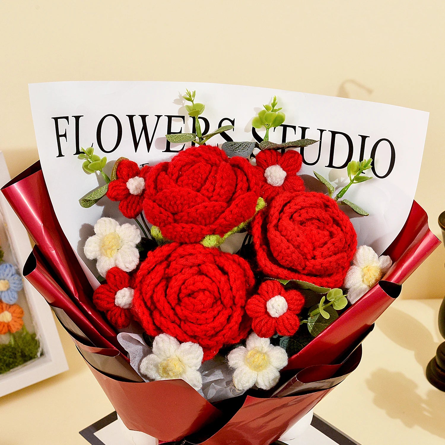 Crochet Red Rose Bouquet — For Cherished Moments, natural styling