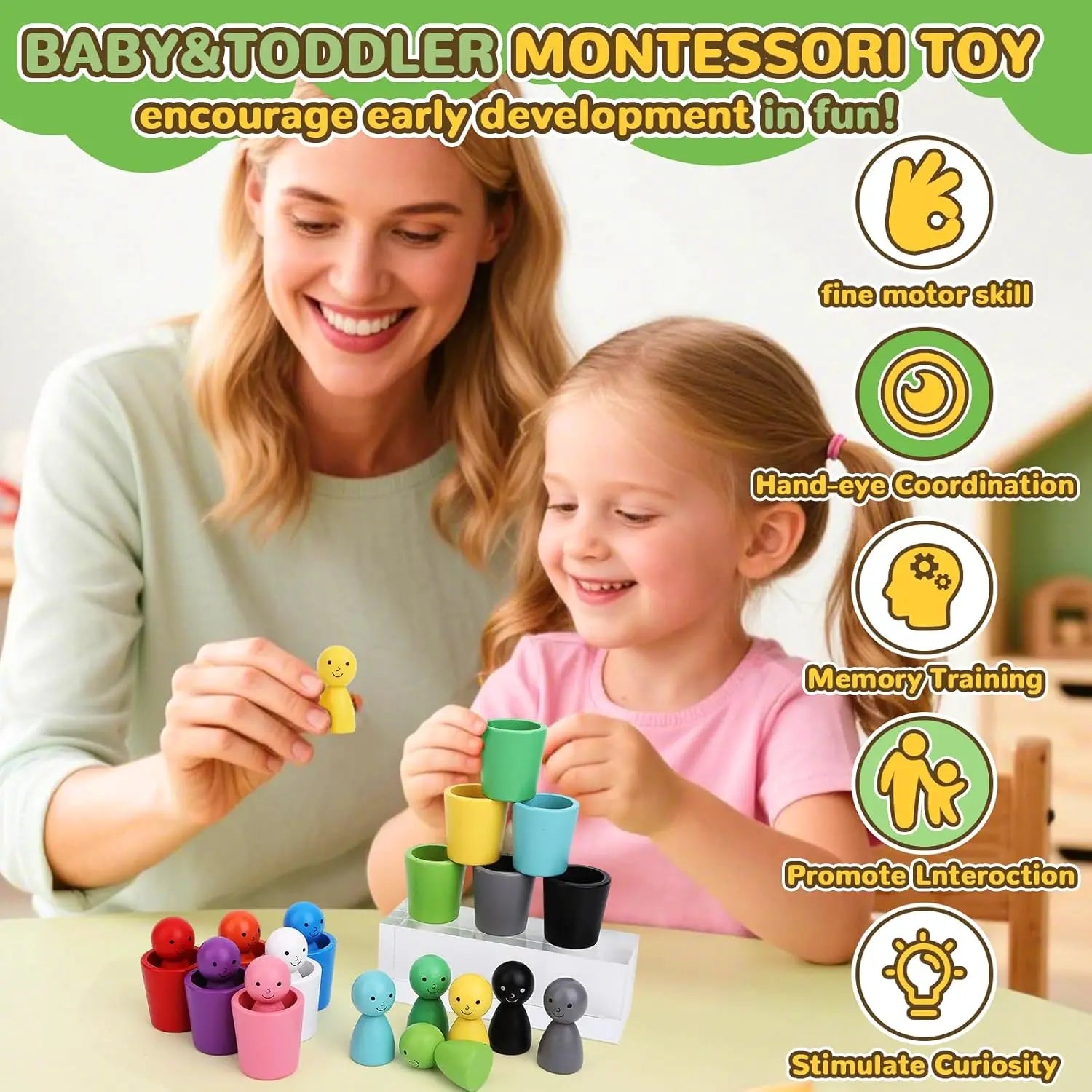 Montessori Wooden Peg Dolls — Color Sorting for Toddlers 3+, alternate angle