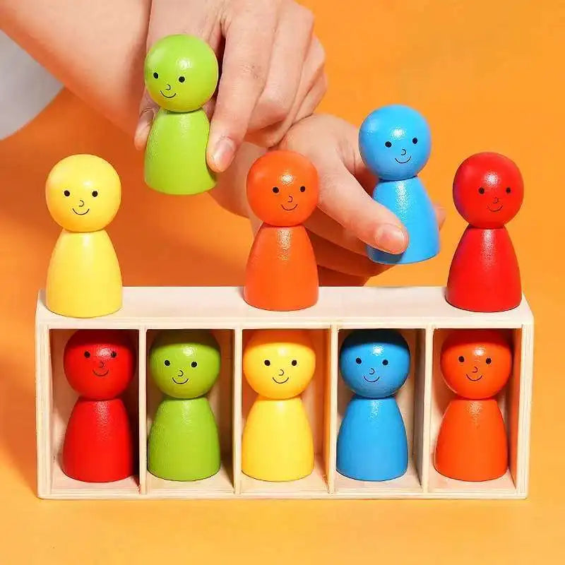 Montessori Wooden Peg Dolls — Color Sorting for Toddlers 3+, natural styling