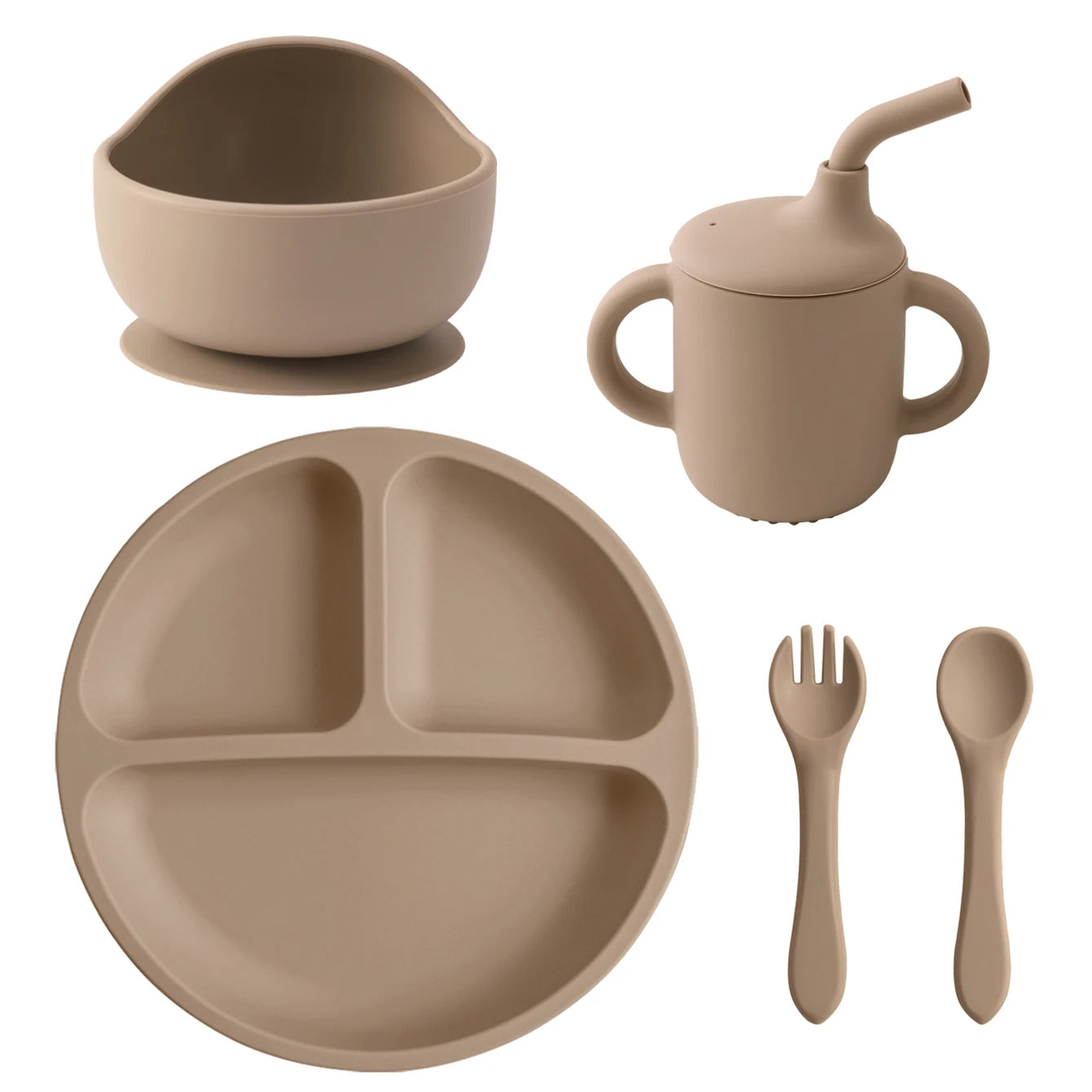 Silicone Baby Feeding Set 5PCS — Mess-Free & Learning, natural finish