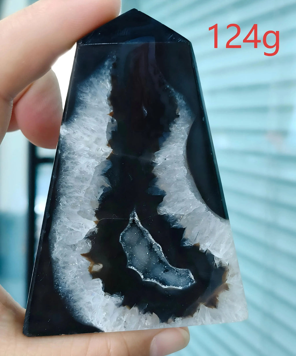 Black Agate Geode Point 102g — Elegant Home Decor, warm tone view