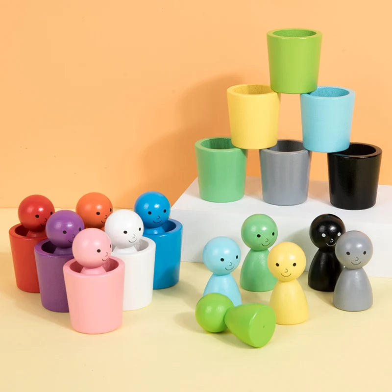 Montessori Wooden Peg Dolls — Color Sorting for Toddlers 3+, close-up detail