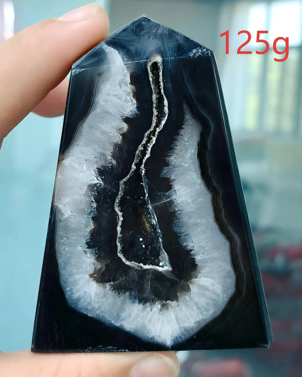 Black Agate Geode Point 102g — Elegant Home Decor, top view