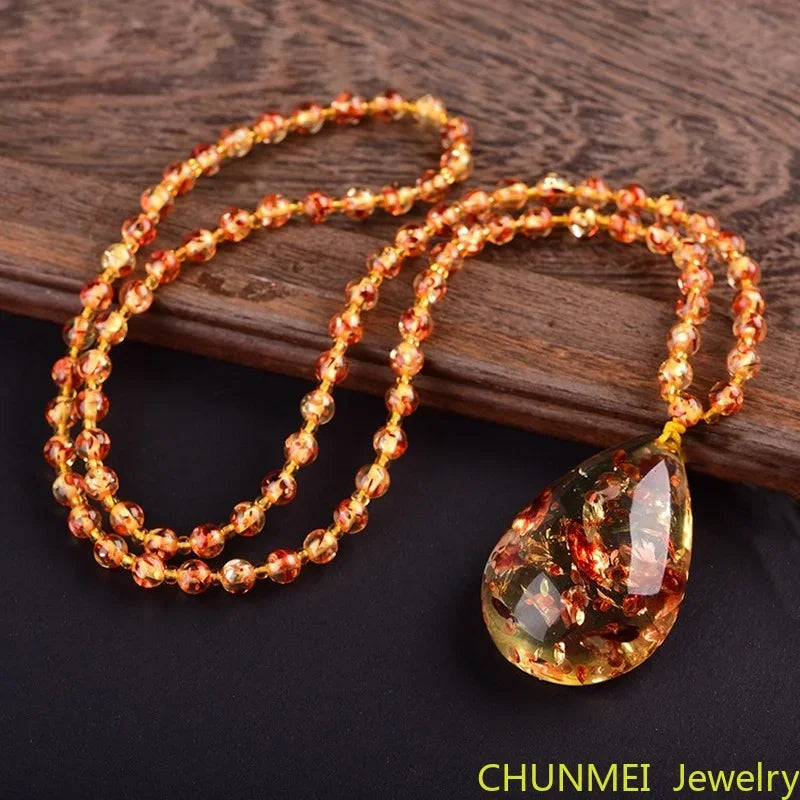 Beeswax Amber Pendant Necklace — Floral Inclusions, natural styling