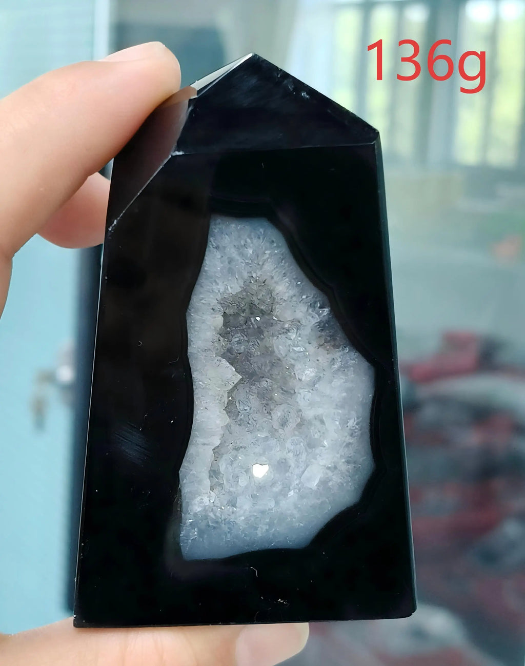 Black Agate Geode Point 102g — Elegant Home Decor, ambient mood shot