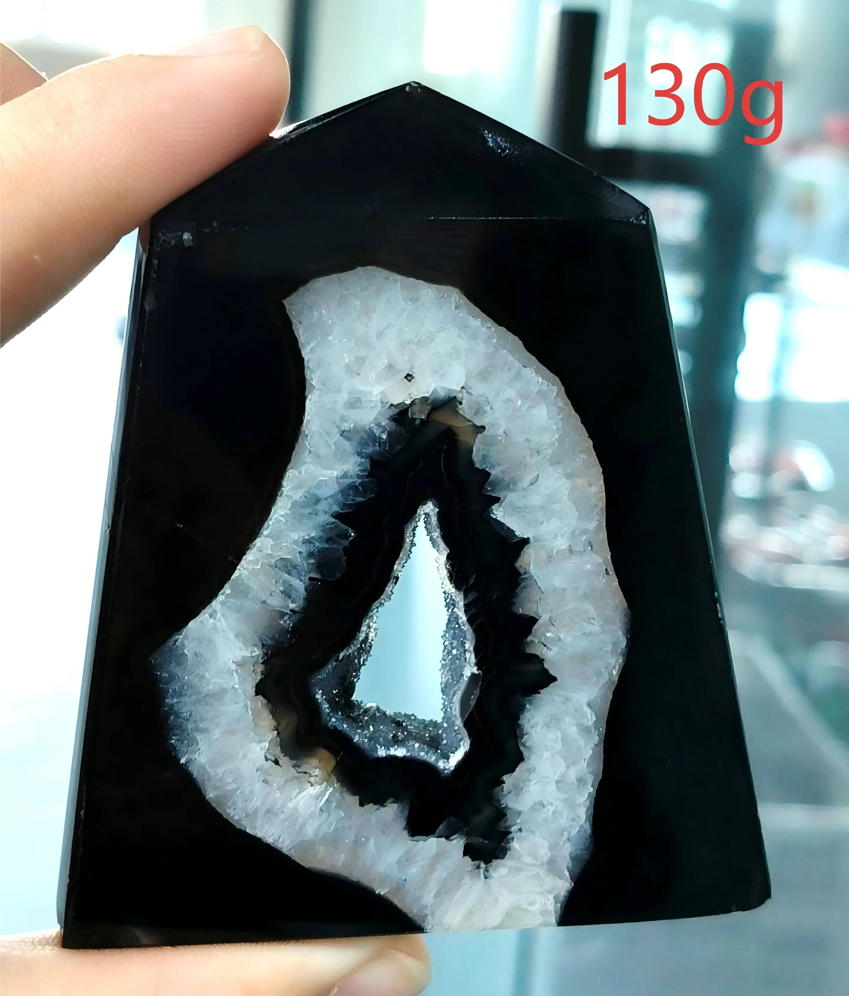 Black Agate Geode Point 102g — Elegant Home Decor, top view