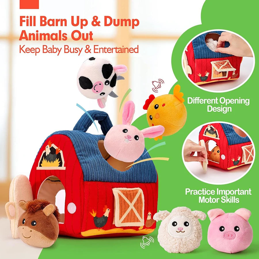 Montessori Farm Sensory Toy — Soft Stuffed Animals & Barn, natural styling