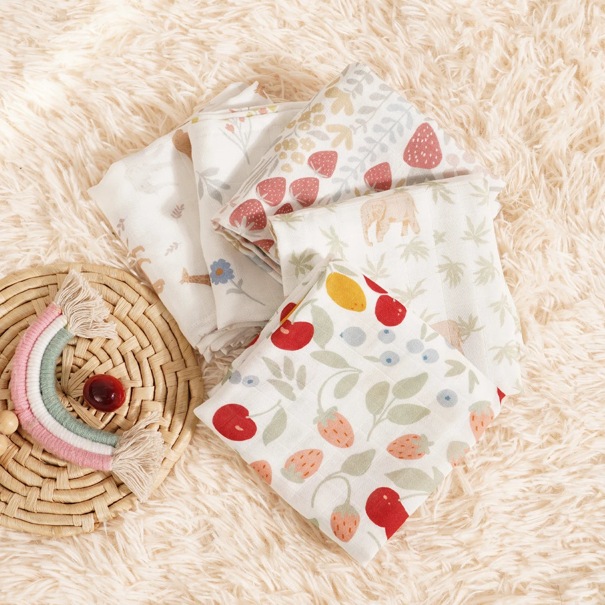 Baby Muslin Burp Cloths — 5-Pack Bamboo Cotton Set, in use