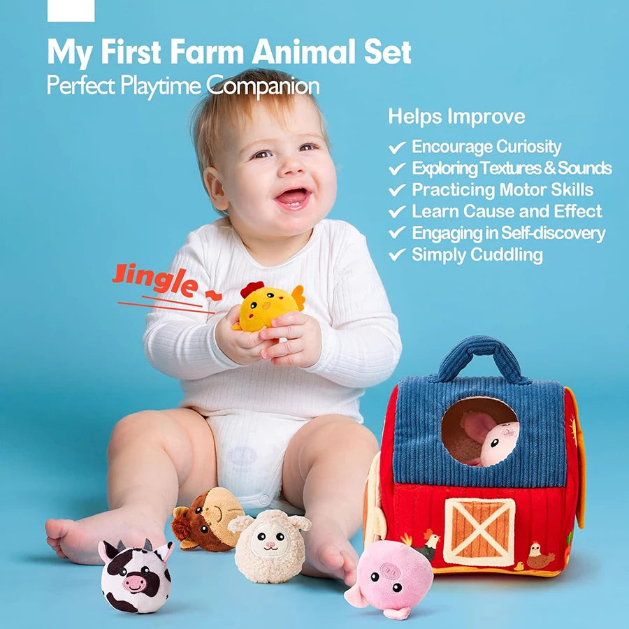 Montessori Farm Sensory Toy — Soft Stuffed Animals & Barn, close-up detail