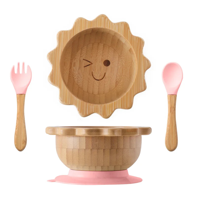 Bamboo Baby Feeding Set — Sun Plate & Suction Bowl, handcrafted finish