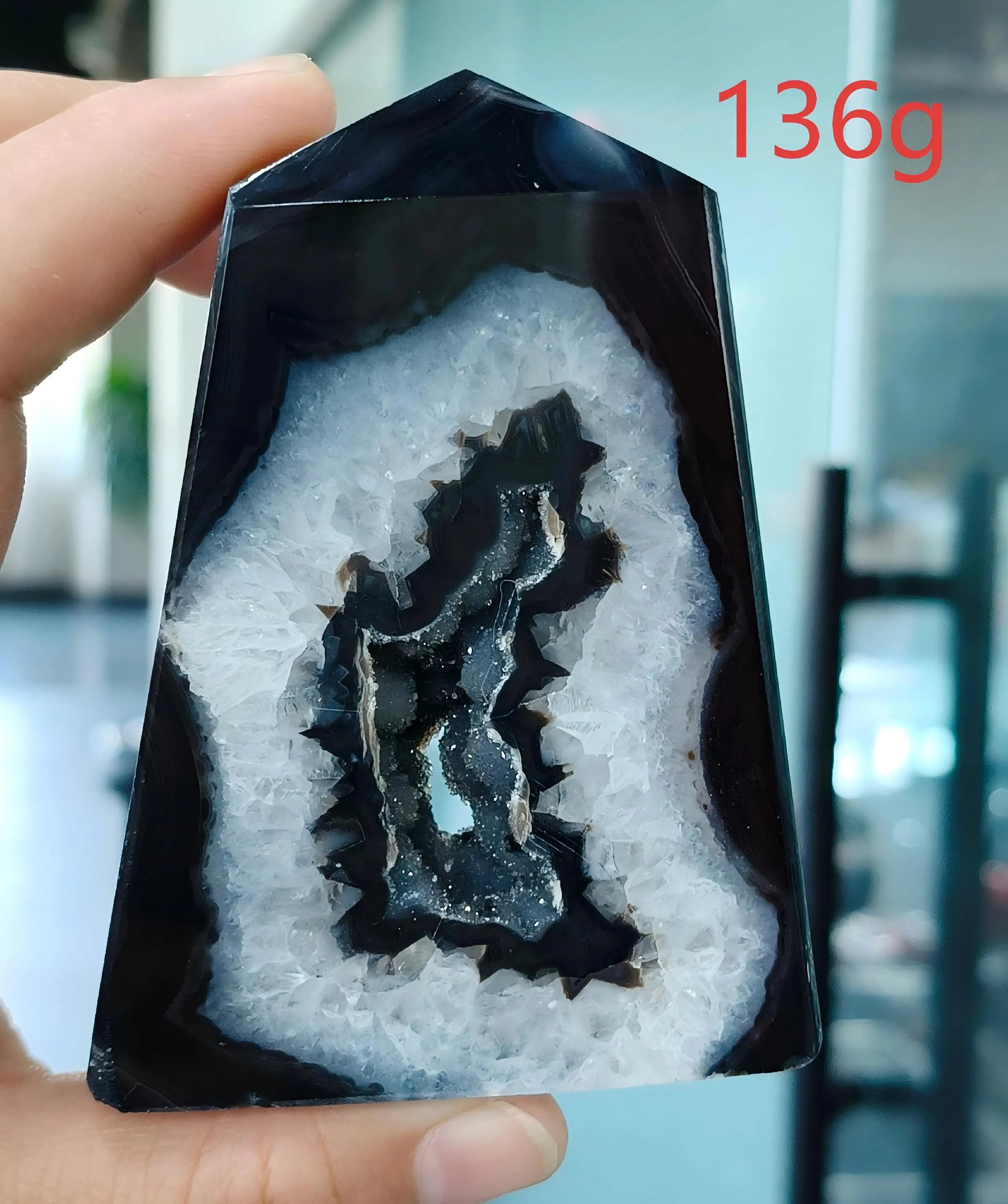 Black Agate Geode Point 102g — Elegant Home Decor, handcrafted finish