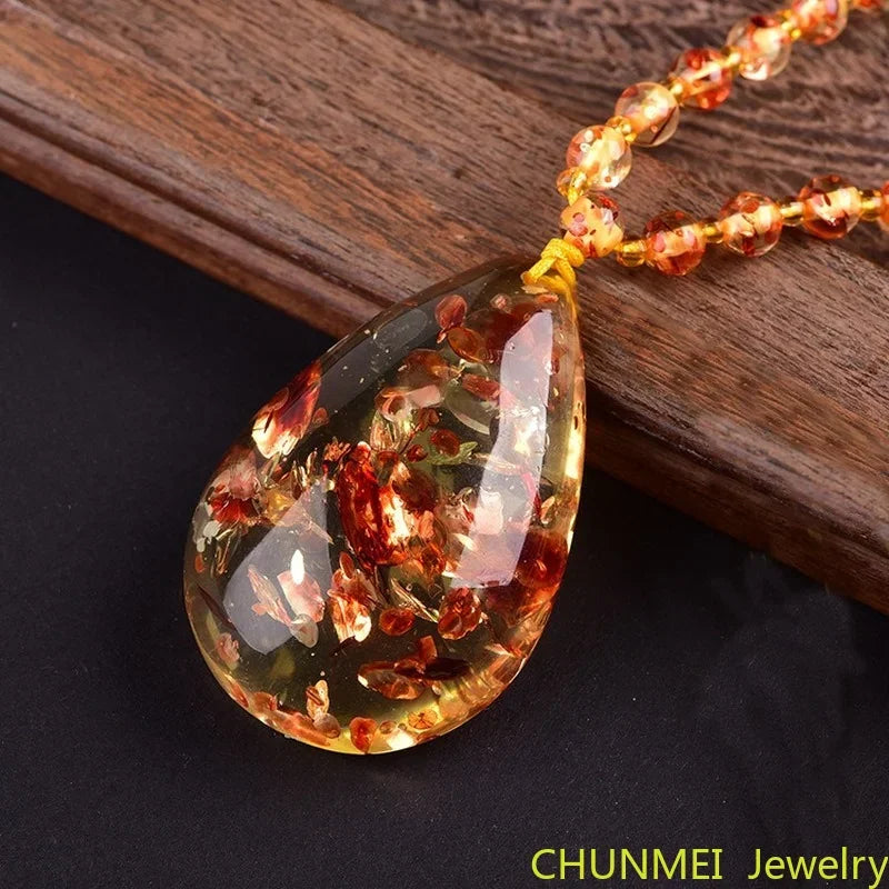 Beeswax Amber Pendant Necklace — Floral Inclusions