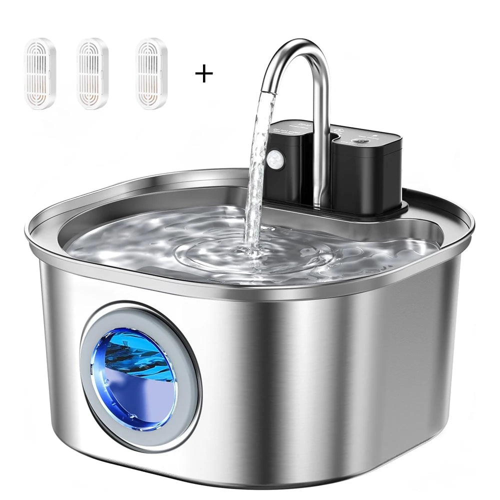Pet Water Fountain — Wireless Sensor, Stainless Steel 3L, side view