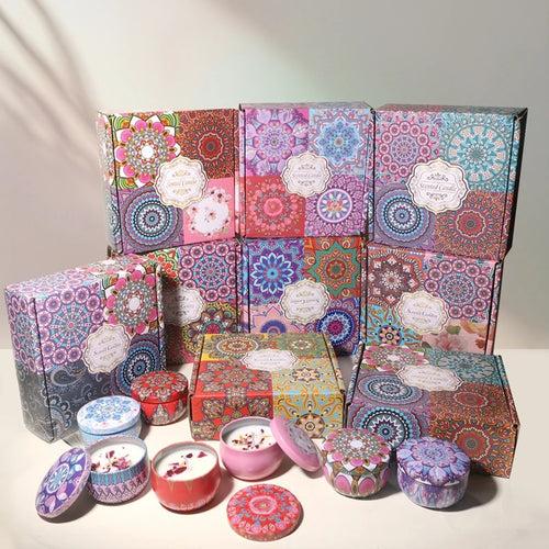 4-Piece Scented Candle Set — Bohemian Patterns for Relaxation, close-up detail