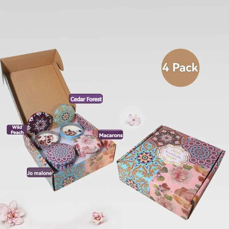 4-Piece Scented Candle Set — Bohemian Patterns for Relaxation, natural finish
