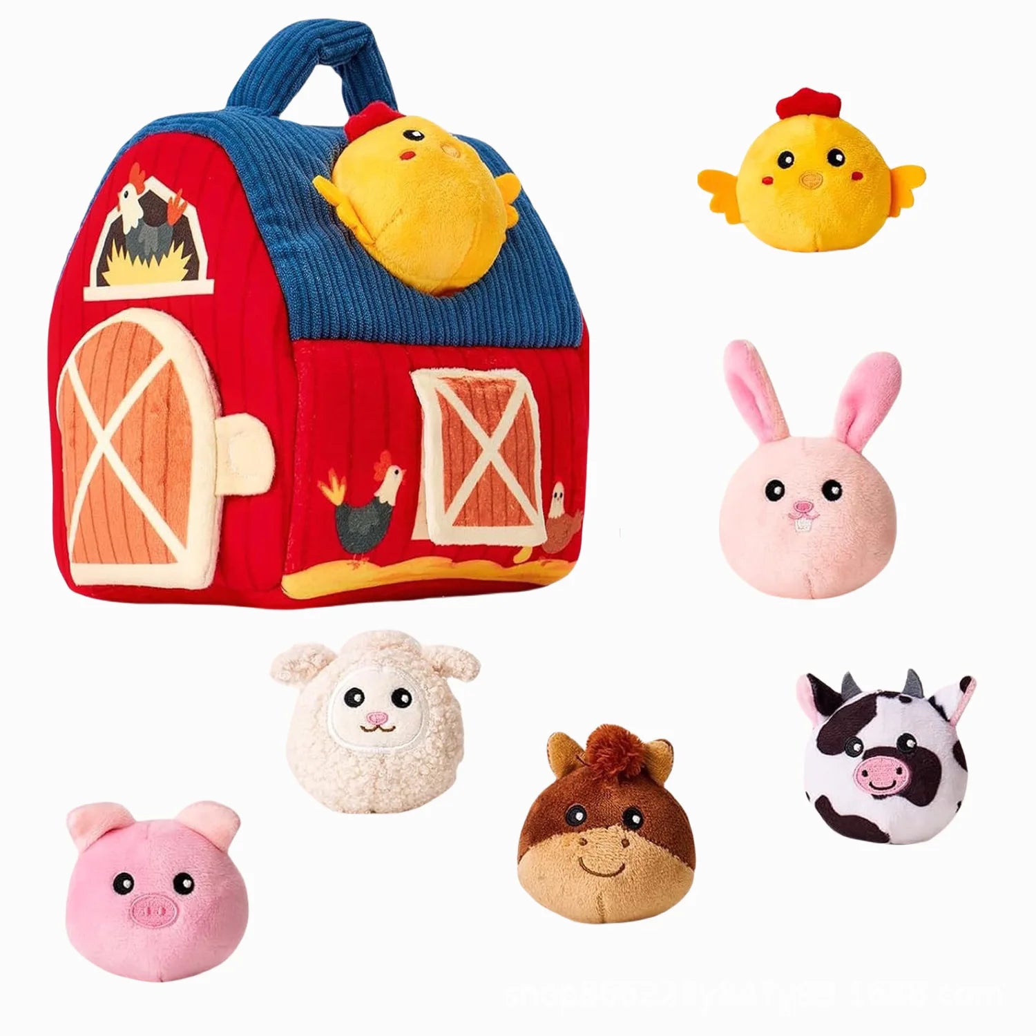 Montessori Farm Sensory Toy — Soft Stuffed Animals & Barn, in use