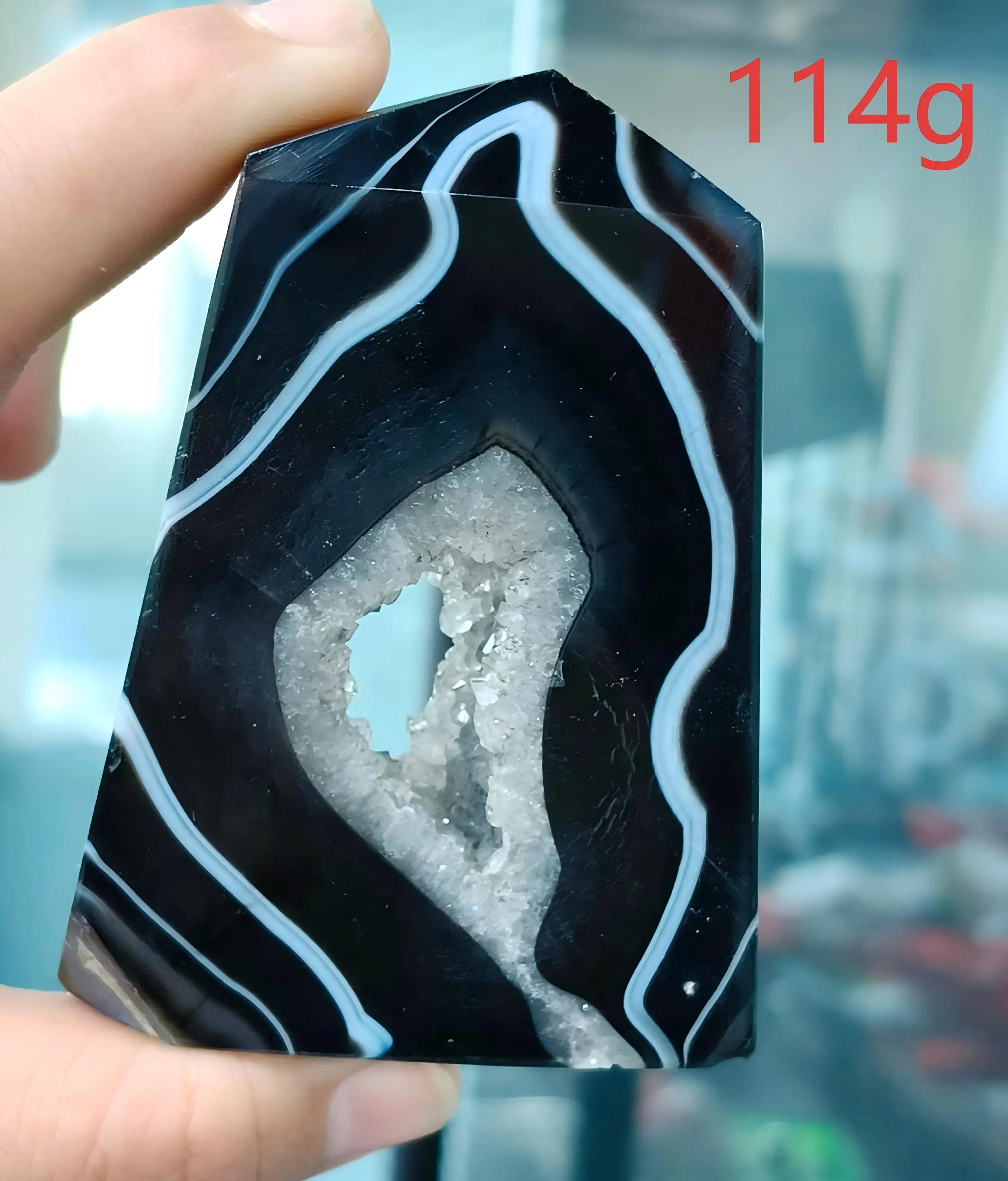 Black Agate Geode Point 102g — Elegant Home Decor, handcrafted finish