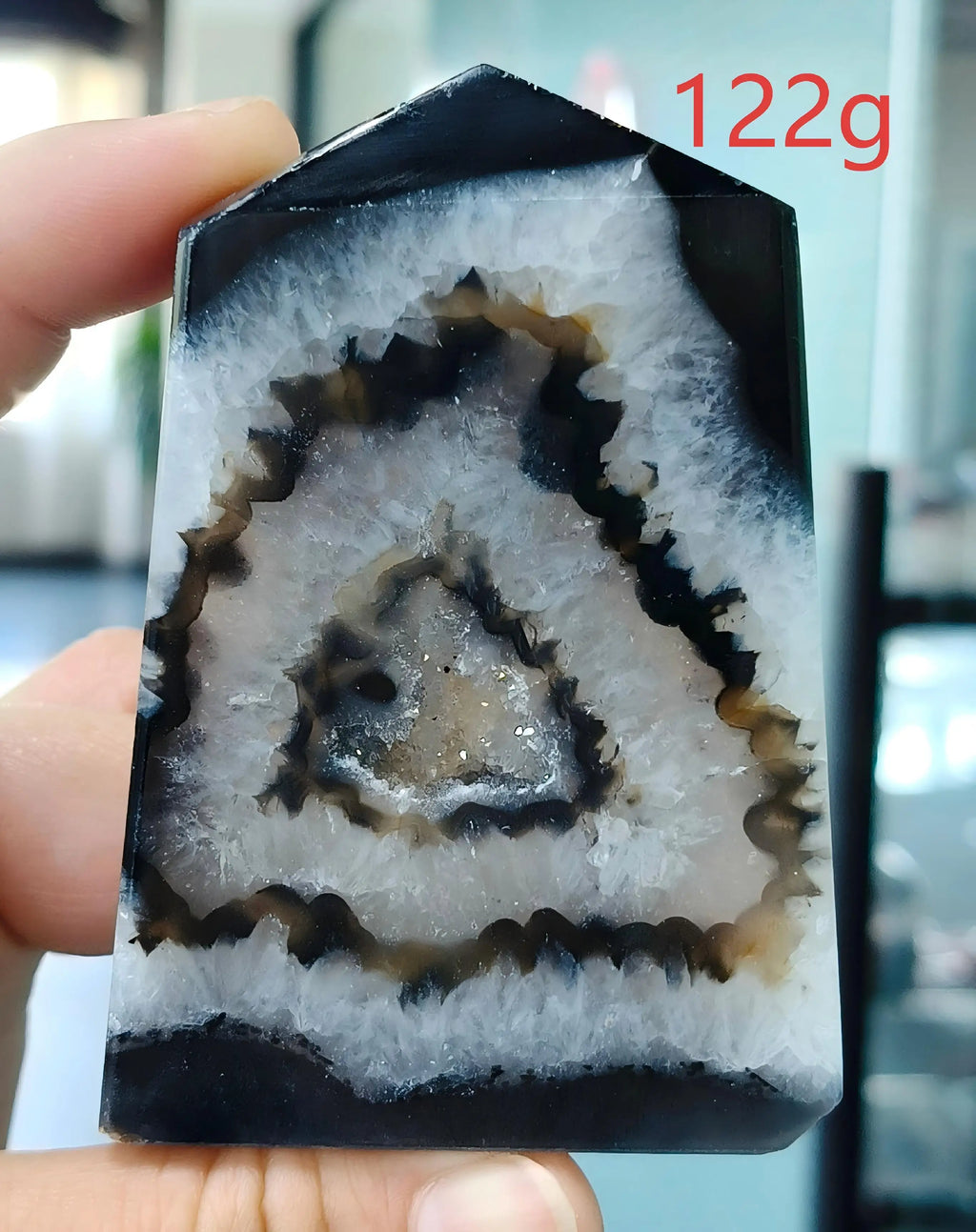 Black Agate Geode Point 102g — Elegant Home Decor, lifestyle setting