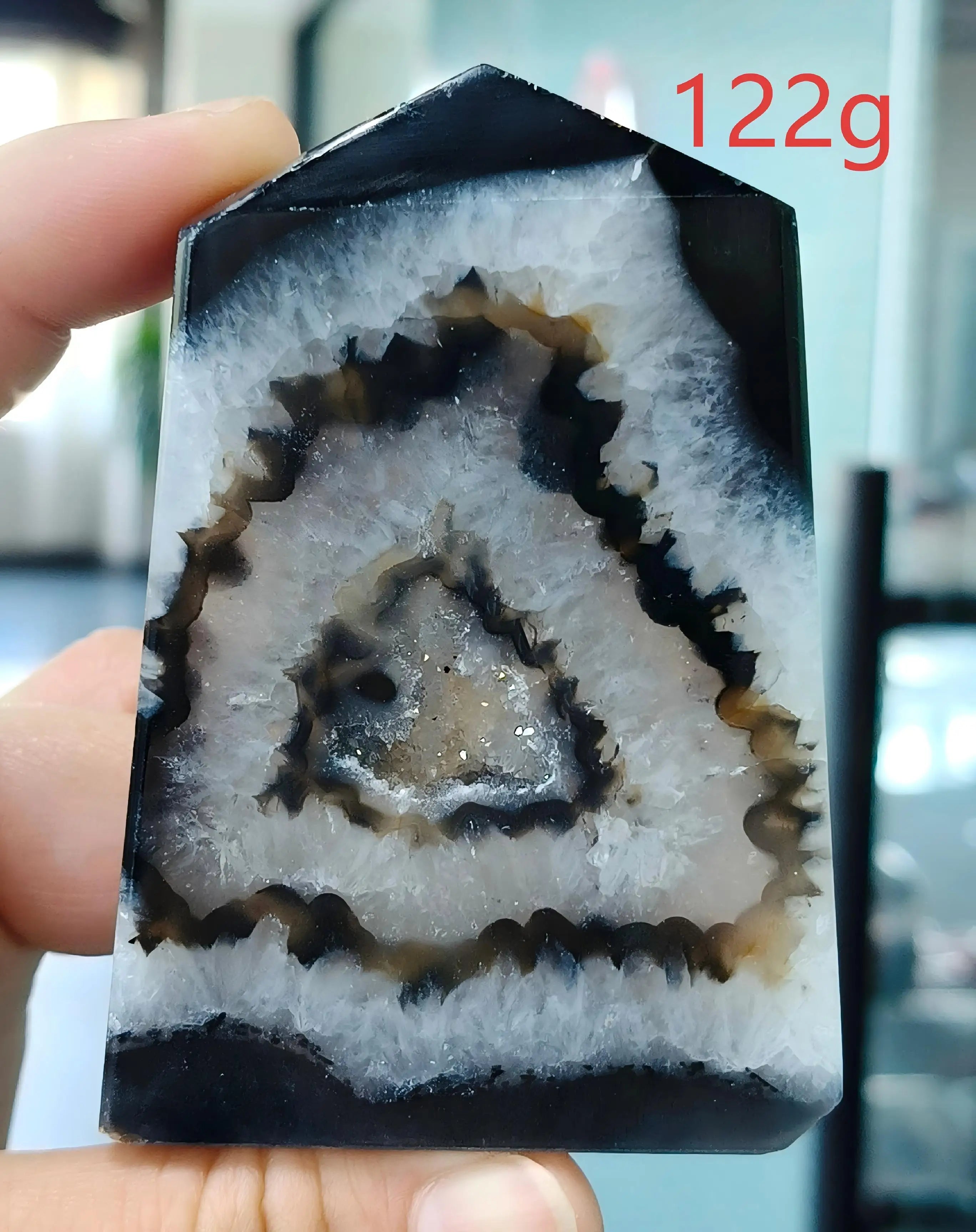 Black Agate Geode Point 102g — Elegant Home Decor, lifestyle setting