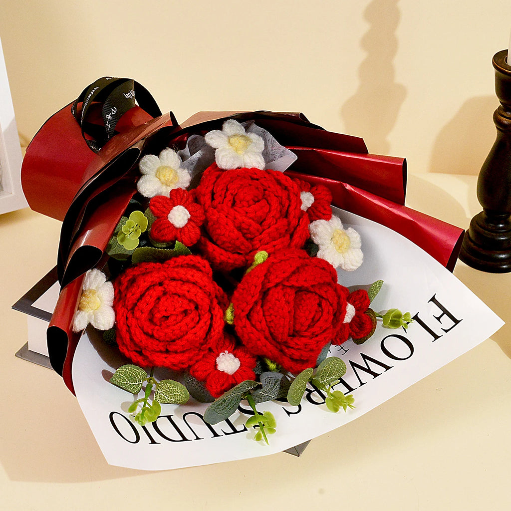 Crochet Red Rose Bouquet — For Cherished Moments, close-up detail