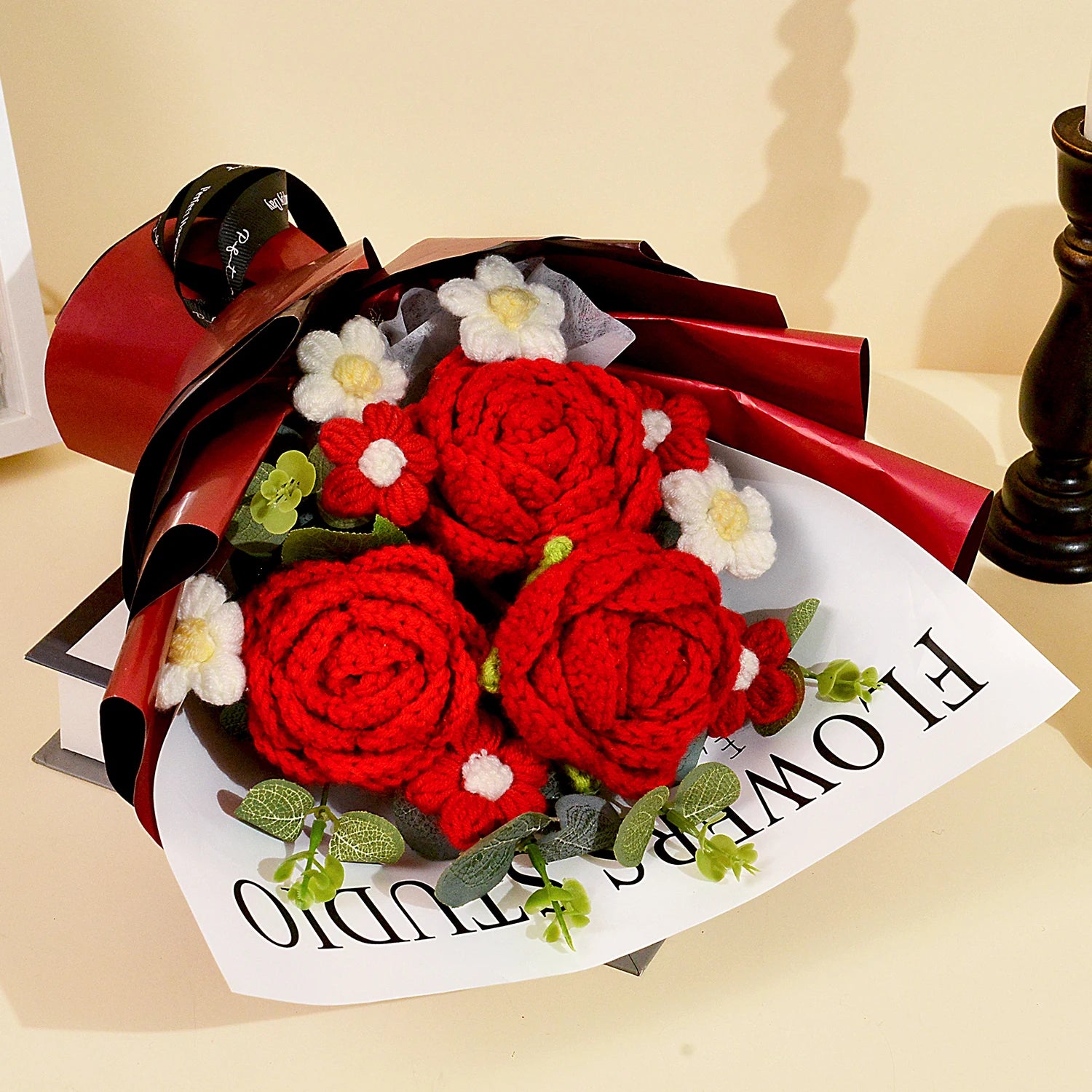 Crochet Red Rose Bouquet — For Cherished Moments, close-up detail